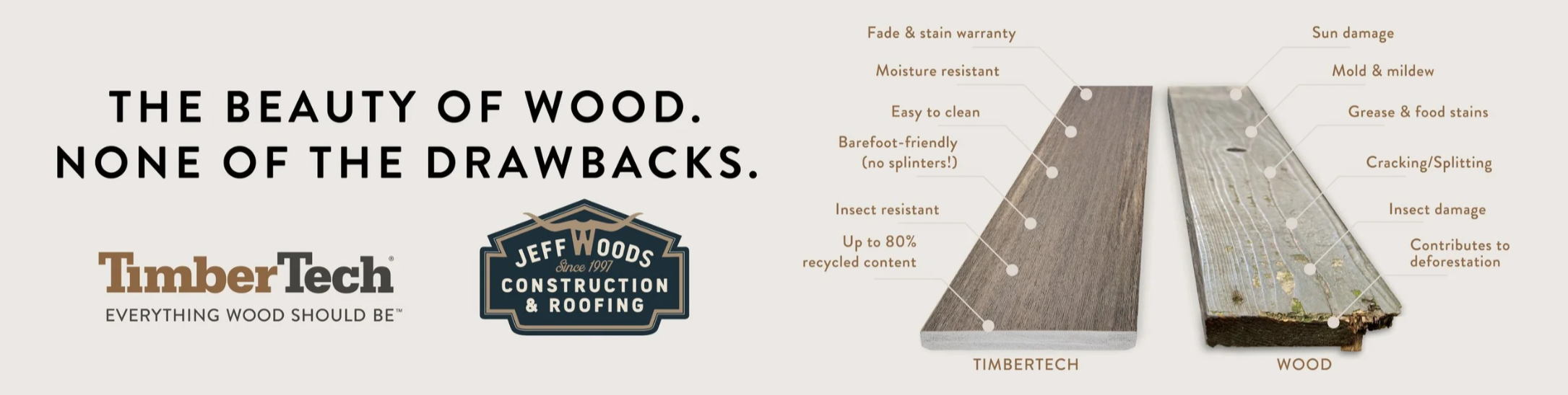 The beauty of wood, none of the drawbacks — TimberTech composite decking vs traditional wood comparison by Jeff Woods Construction